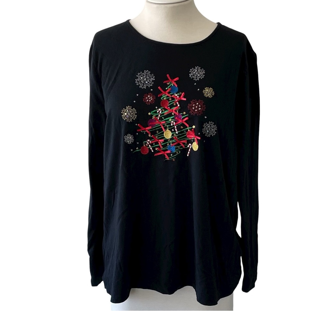 Tru Tees Black Christmas Tree Embroidered Tee Size 1X - Picture 2 of 6